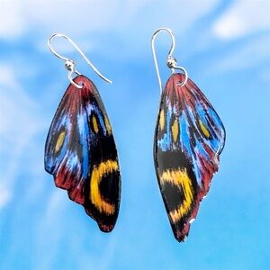 Colorful blue black butterfly wing handpainted sterling wire OOAK